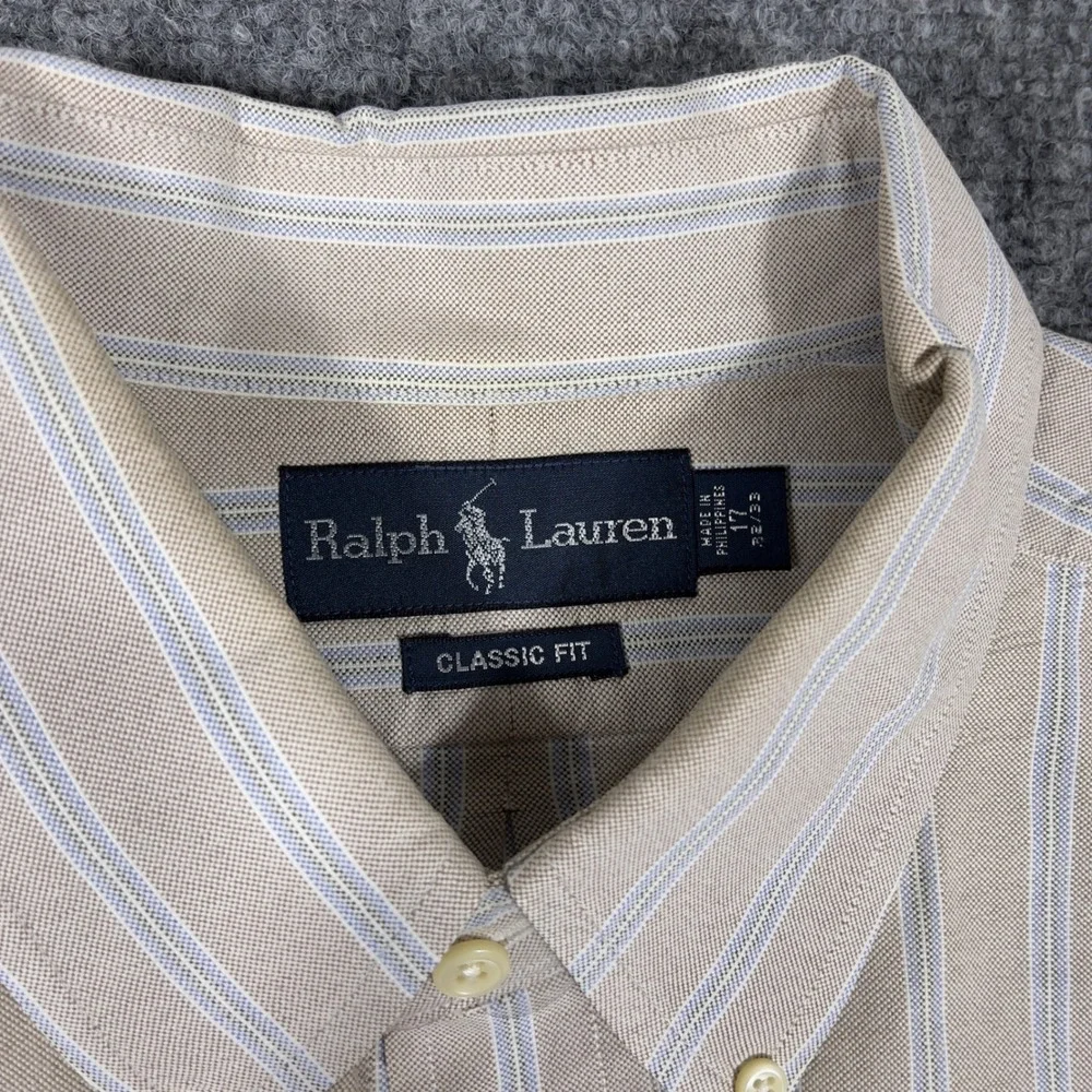 Ralph Lauren Button Down Shirt Mens 17 32/33 Tan Blue Striped Classic Fit Oxford